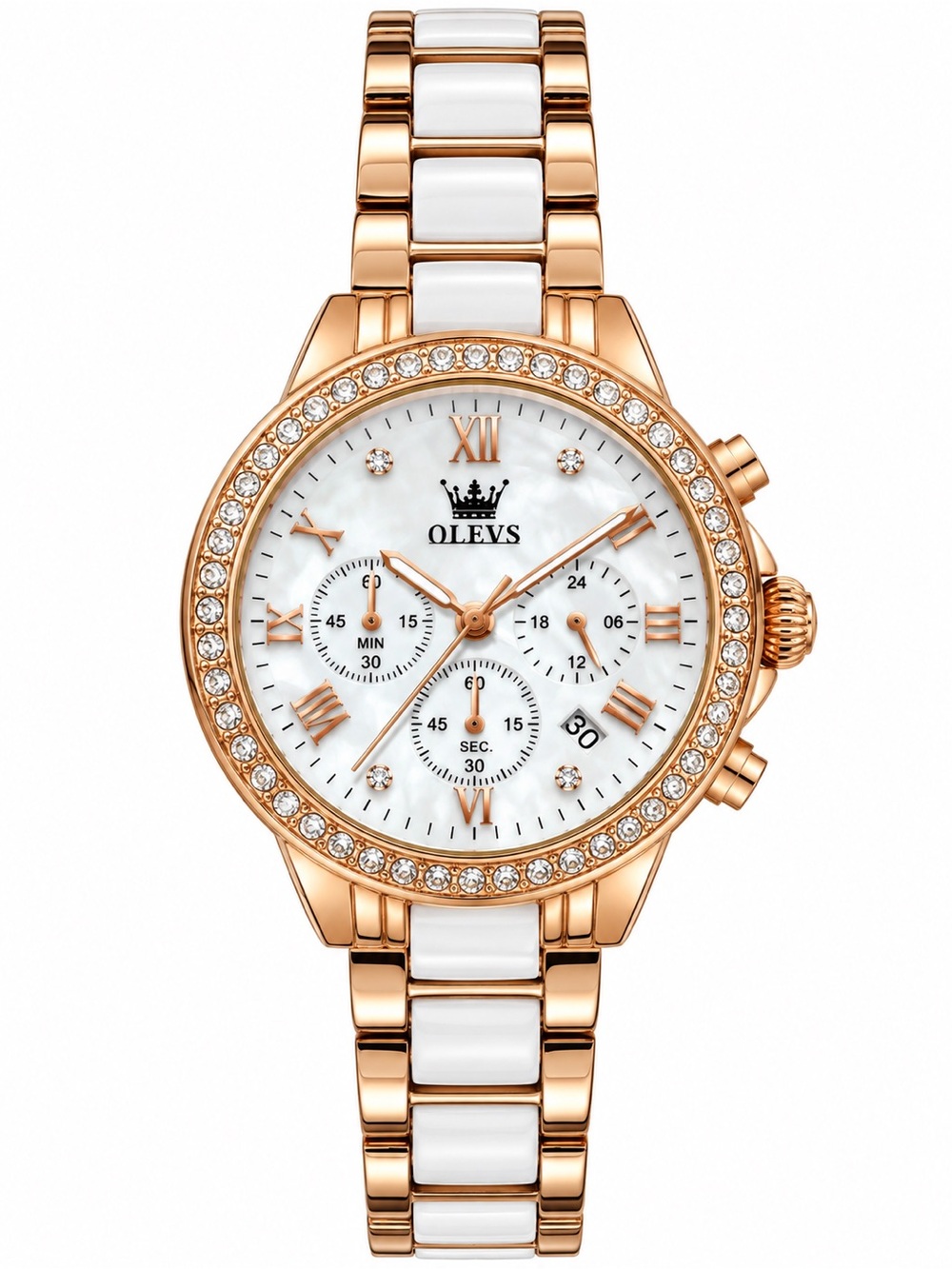OLEVS Women's Rose Gold and White Ceramic Chronograph Watch